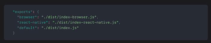 Screenshot of example package.json snippet of the new package exports key