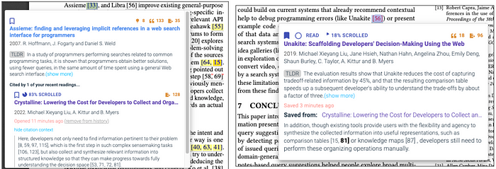 Two screenshots. Left: A popup card of citation [33] highlighted and yellow. The content of the card is as follows: The main area has the title, authors, and abstract of the cited paper. The bottom half of the card contained a list of other paper titles and citing sentences from the user’s reading history. Right: A similar screenshot of a paper card for citation [56] in red showing that it is previously saved. The bottom of the card contained “Saved from:” a paper title and a citing sentence.