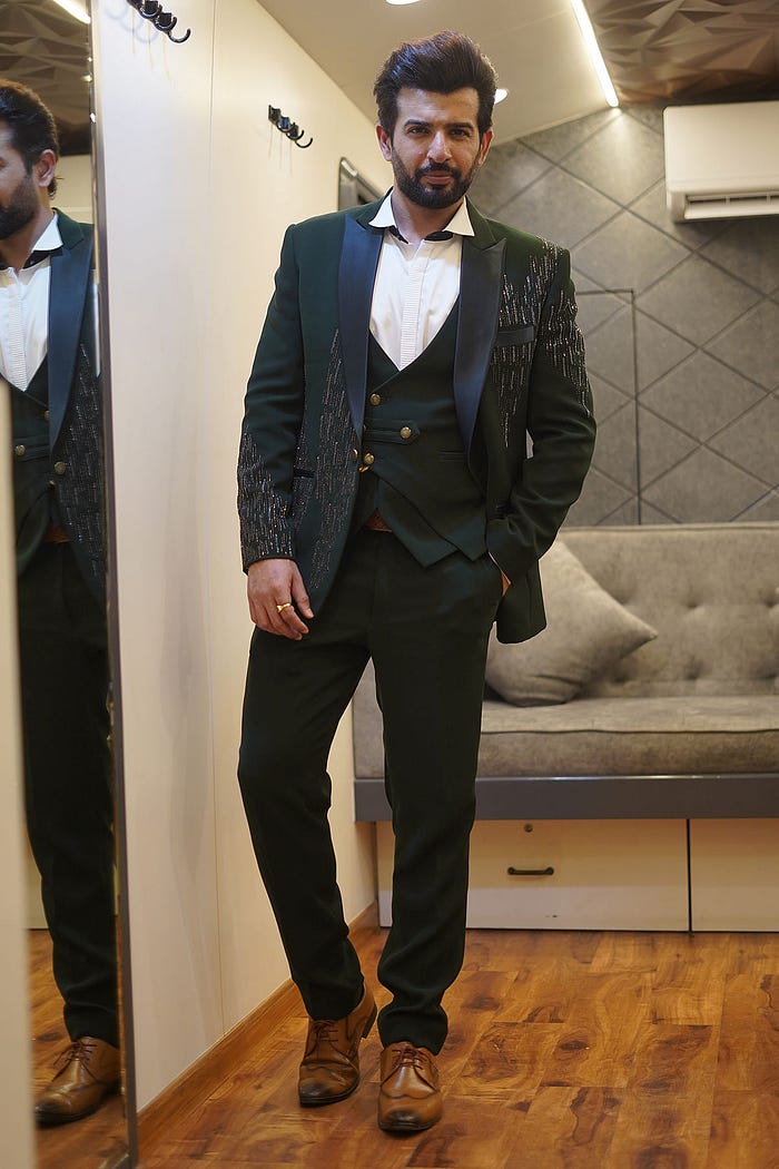 Jay Bhanushali in Dark Bottle Green Cutdana Embroidered Italian Tuxedo Suit