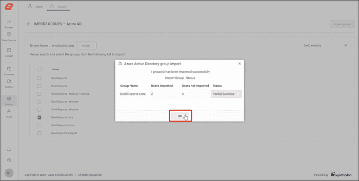 Success Dialog for Importing Groups from Azure AD