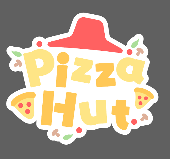 A playful, yellow version of the Pizza Hut logo surrounded by illustrations of pizza slices, mushrooms, and tomatoes.