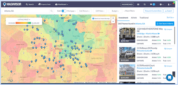 A screenshot of Mashvisor’s Investment Property Search with the heatmap enabled