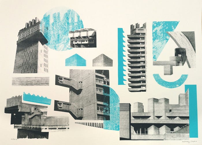 The use of bare building materials, minimal geometric shapes and monochromic colour palette, along with the aspect of creating an egalitarian approach for all people, made brutalism popular in the mid 1950s. (image source: underway studio)