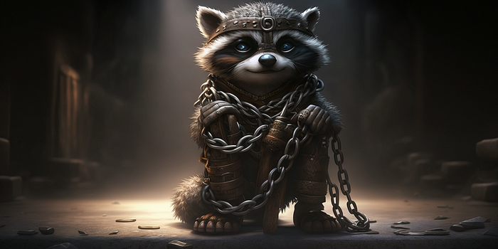 A racoon in chains in a dungeon breaking free.