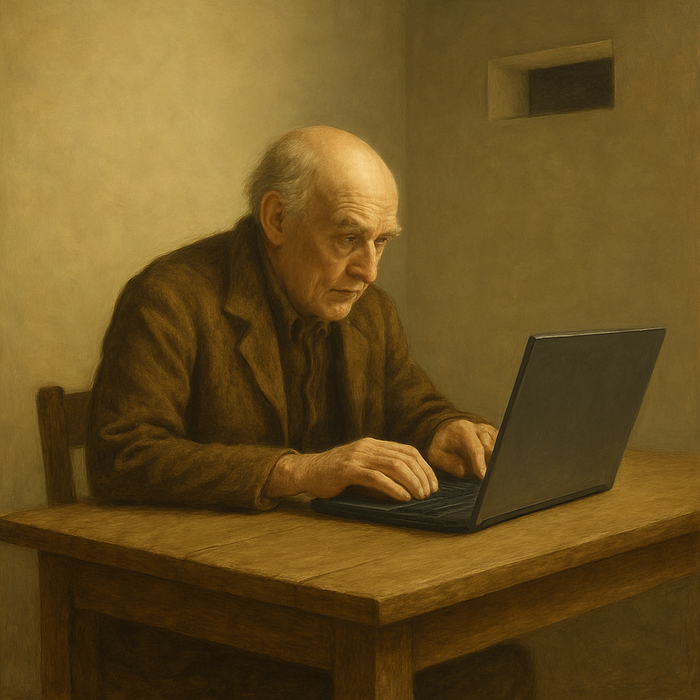 Un anciano en una habitación sellada con una computadora portátil