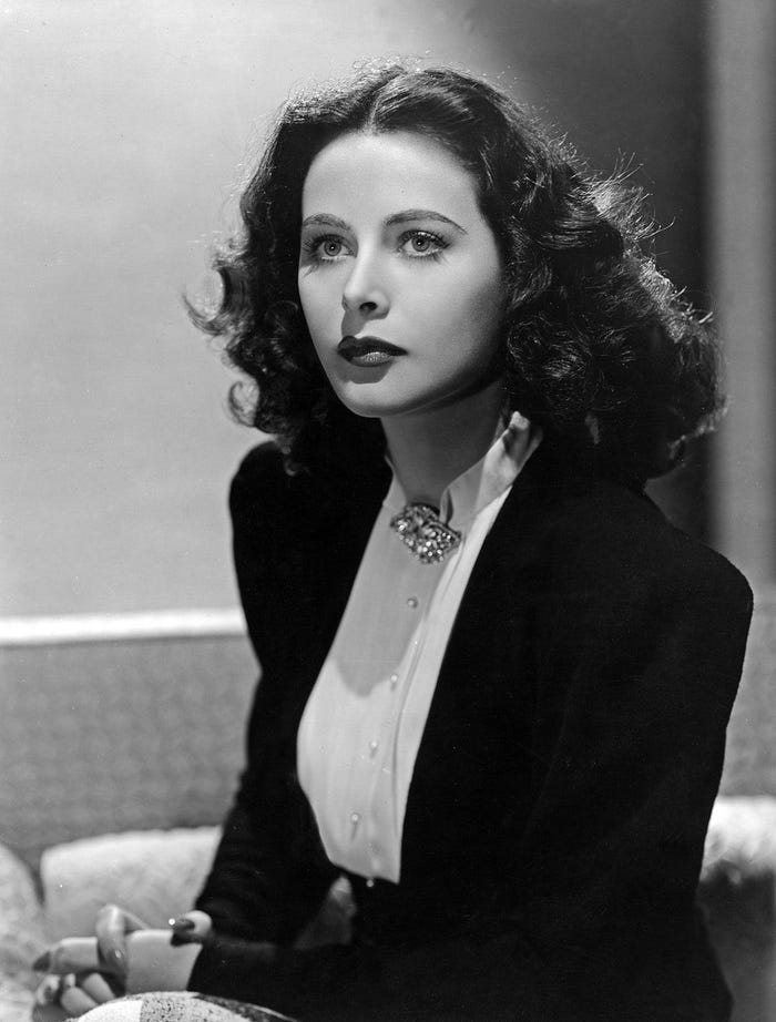 A black and white photo of a woman Hedy Lamarr.