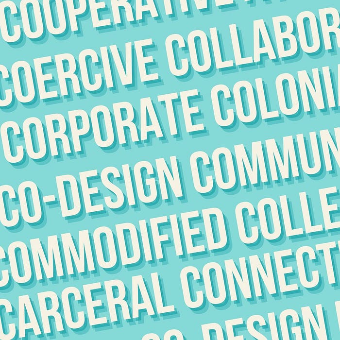 An illustration with a light blue background and exaggerated typography that shows words such as Co-Design, Corporate, Commodified, Community, Coercive, Collaboration, etc. These words extend diagonally across the page and some words are cut off and not shown completely in the illustration.