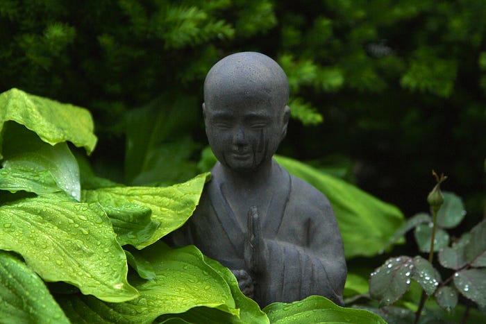 Photo of a child Buddha statue among leaves in the forest by Amanda Flavell 