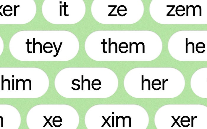 zoomed in pronoun tags on a green background