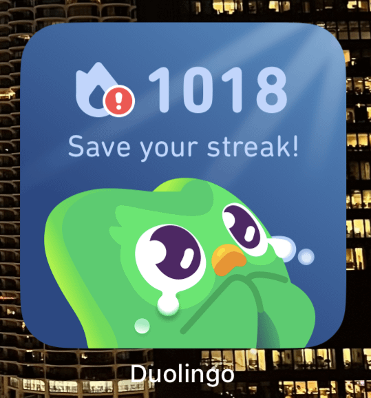 An image of the Duolingo widget reading, “Save your streak!” with an illustration of a green owl crying and looking up.
