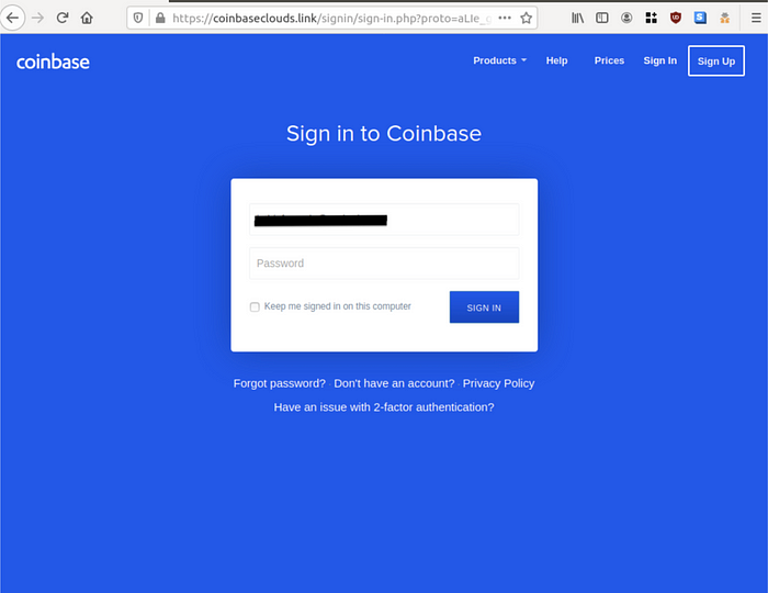 Figure 1.2 / By clicking View Accounts, the user will be directed to the phishing domain coinbaseclouds.link.