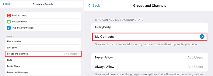 Figure 3.4 / Telegram “Only my contacts can add me to groups” setup.