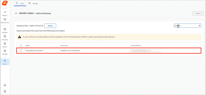 Import Users page for Active Directory