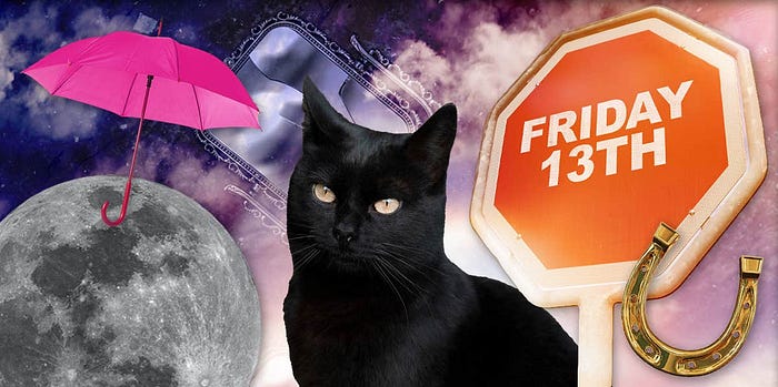 A picture with a cat, a moon, pink umbrella and red warning sign with friday the 13th