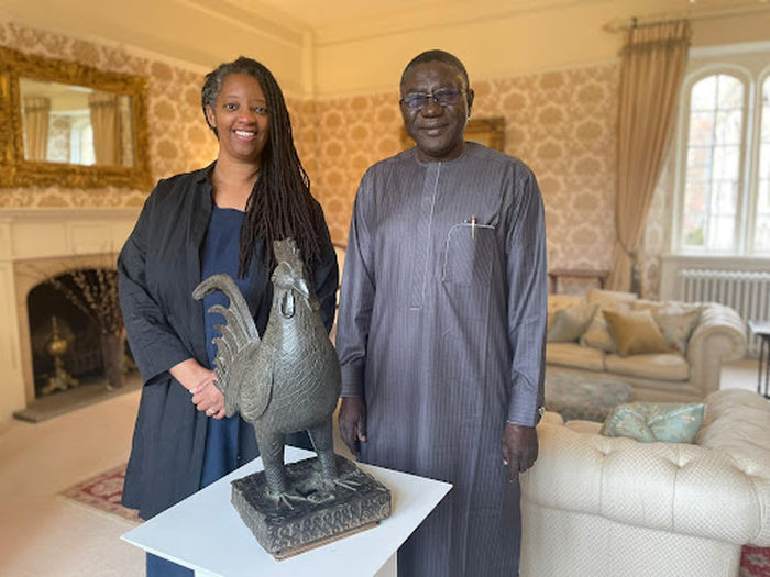 The ‘Okukor’ (Cockerel) was the first Benin Bronze returned to Nigeria from Jesus College, Cambridge University, England in 2022 (Varsity, “Jesus College first global institution to return a Benin Bronze to Nigeria”)
