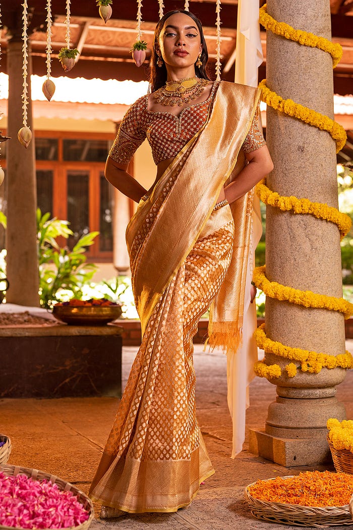 Orange & Gold Dual Tone Zari Woven Festive Wear Banarasi Tissue Organza Saree