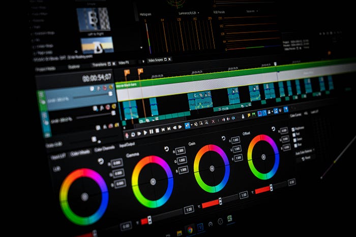 A close-up shot of color wheels in a video editing software.