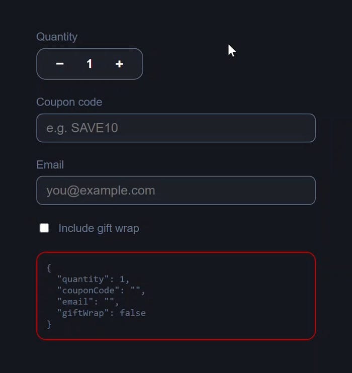 Image 5: A cart form with a quantity stepper, coupon code, email, and gift wrap checkbox