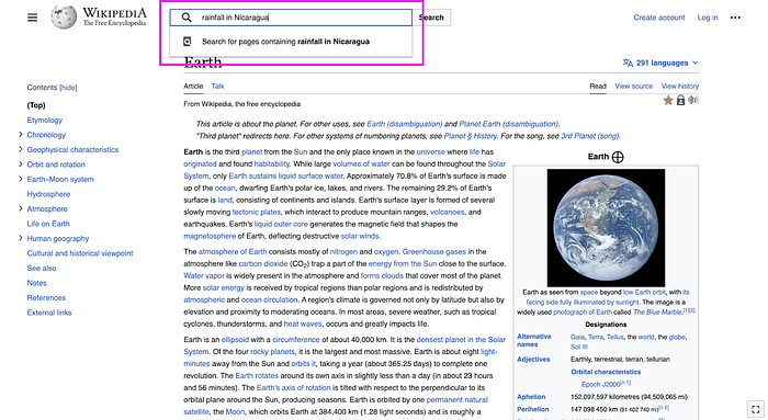 a wikipedia page highlighting the search function with “rainfall in Nicaragua” as the search term