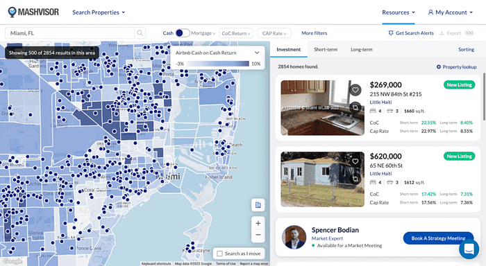 The real estate heatmap on Mashvisor’s Property Search tool gives users an overview of which neighborhoods in a city have the highest or lowest Airbnb rental income.