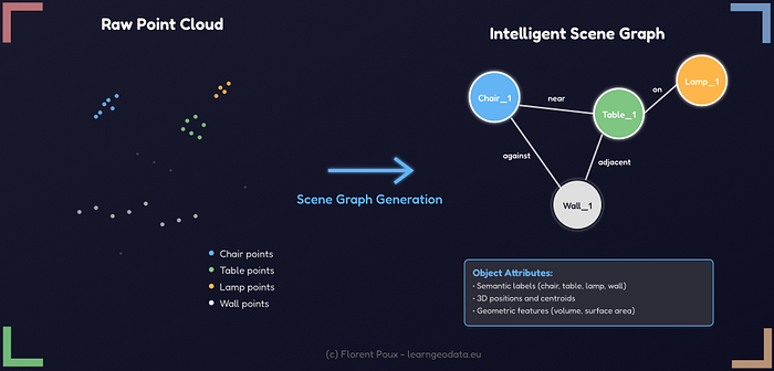 This visual representation demonstrates the transformation of raw point cloud data into an intelligent scene graph, where nodes represent semantic labels for objects like chairs, tables, and walls, and edges signify their spatial relationships, enriched with object attributes for comprehensive spatial intelligence using NetworkX.