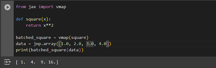 Image displays the output of the vmap functionality-based code imported from jax library