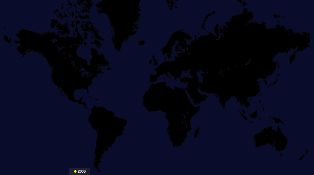 Animated world map showing the growing coverage of Open Street Map edits through the years