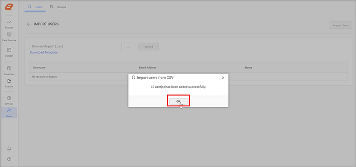 Success Dialog for Importing Users from CSV