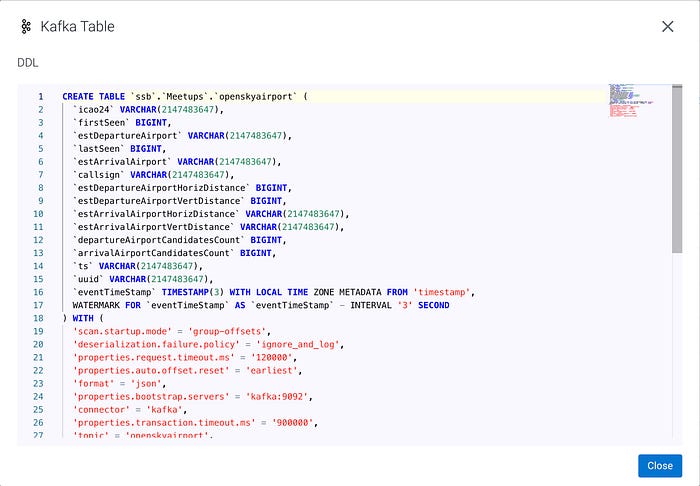 Flink SQL table that was autogenerated for us by inferring data from the Kafka topic