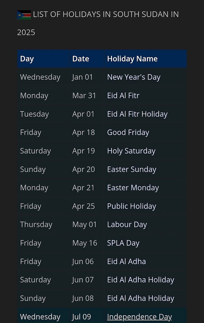 A screenshot from one of the websites detailing all of South Sudan’s public holidays.
