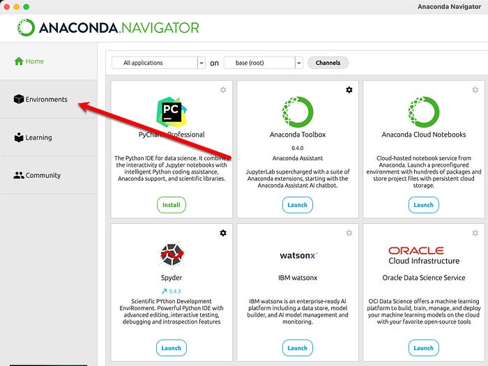 navigating the anaconda tool to create an environment for analysis