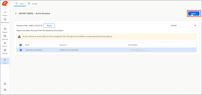 Select the User from Import Page for Active Directory
