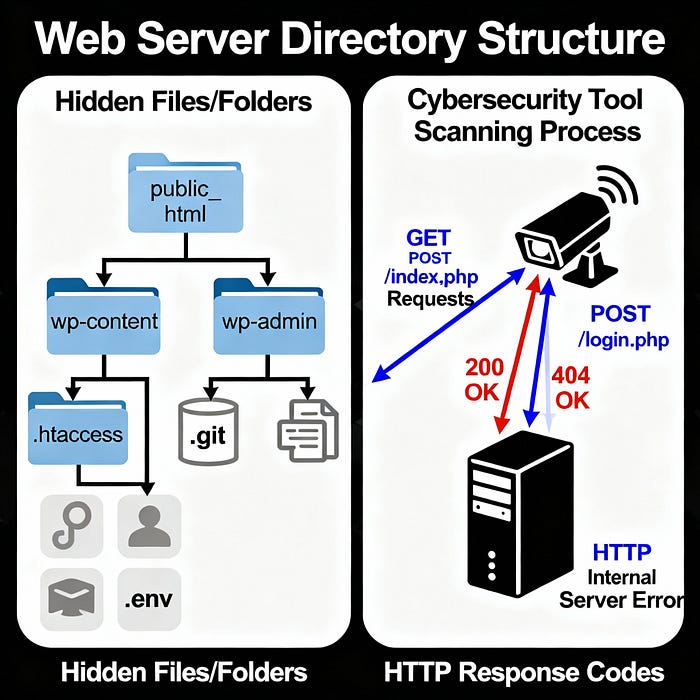 Directory enumeration process diagram showing how security tools scan web server structures to find hidden content