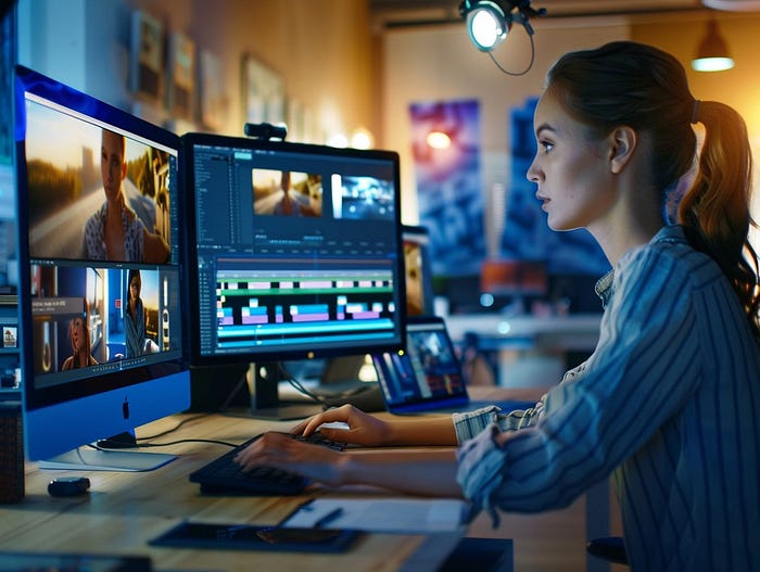 A female video editor working on a computer.