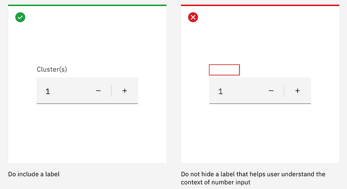 An example of Do’s and Dont’s guidelines for a number input component from the Carbon Design System.