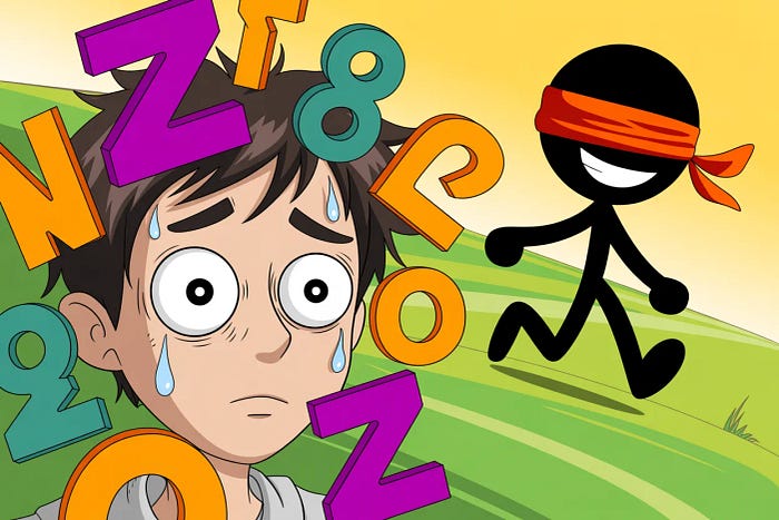 눈을 가린 등산객이 지형을 탐색하는 모습을 묘사한 삽화이다.