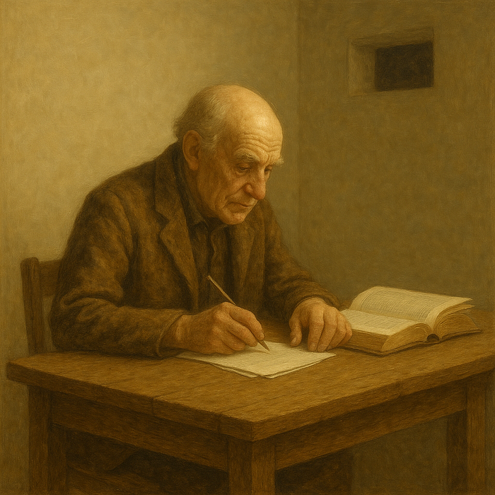 Un anciano en una habitación sellada con un libro de referencia.