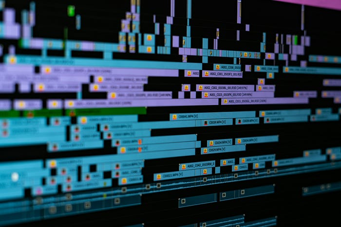 A close-up shot of clips in a video editing software’s timeline.