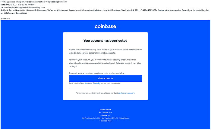 Figure 1. 1 / A hacker sends a fake Coinbase “account locked” notification to the user through email.