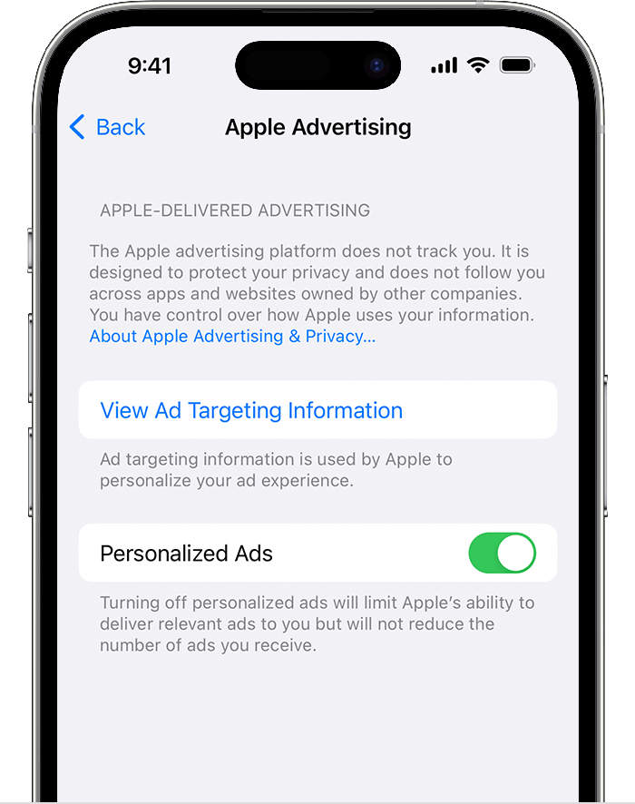A screenshot of an iPhone showing Apple Advertising settings, which allows users to opt out of personalized ads.