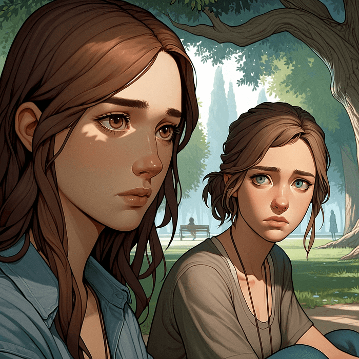 The image depicts Nicole and Cassie meeting under a large, shady tree. Nicole, with brown hair and eyes, appears serious and concerned, while Cassie is shown with a thoughtful expression. The setting is peaceful, likely a park or garden, with the tree providing a comforting backdrop to their emotional conversation. The mood is contemplative, capturing the subtle tension between the characters.
