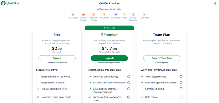 a screenshot of the pricing page for a website