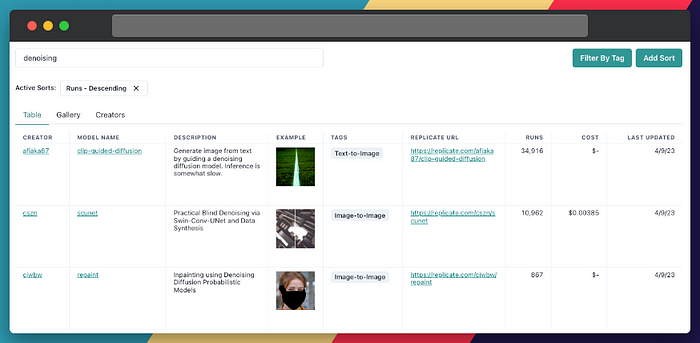 Finding the most popular de-noising models on Replicate using Replicate Codex.