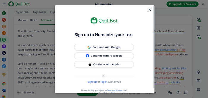 a screen showing the sign up button for a new email