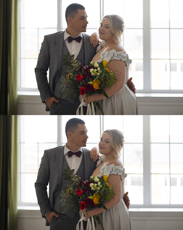 “restore old wedding photos” — grandparents’ framed wedding portrait before and after professional restoration, shown on a mantelpiece.