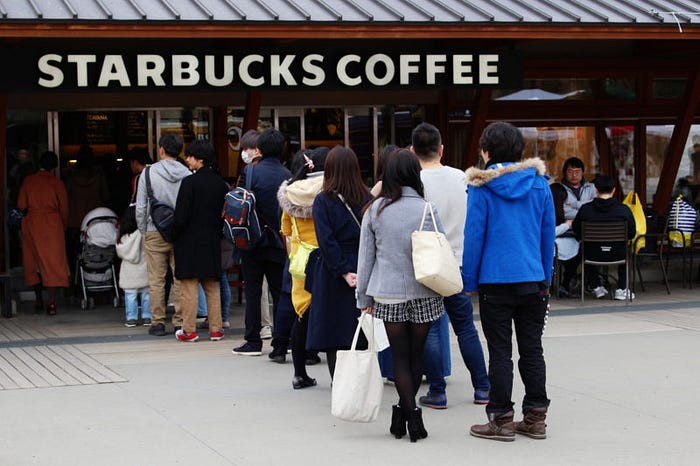 Long lineup at a Starbucks.