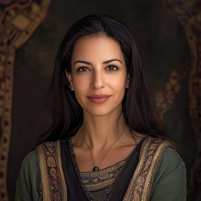 Liat Portal for The Liat Show: A MidJourney reimagined portrait of Liat Portal, shown with long dark hair, soft natural makeup, and a calm expression. She wears a green garment with richly embroidered trim in earthy tones and a simple pendant necklace. The background features deep, tapestry-like patterns, evoking a timeless, heritage-inspired atmosphere. This image highlights the blending of personal identity with cultural storytelling, reflecting how Liat Portal reimagines herself.