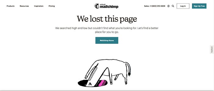 The MailChimp 404 page reading, “We lost this page.” with an illustration of a horse with its head in a hole in the ground.