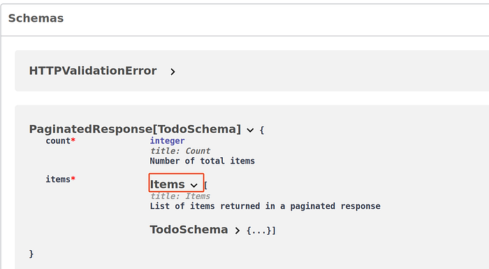 screenshot of the schemas section of the swagger documentation