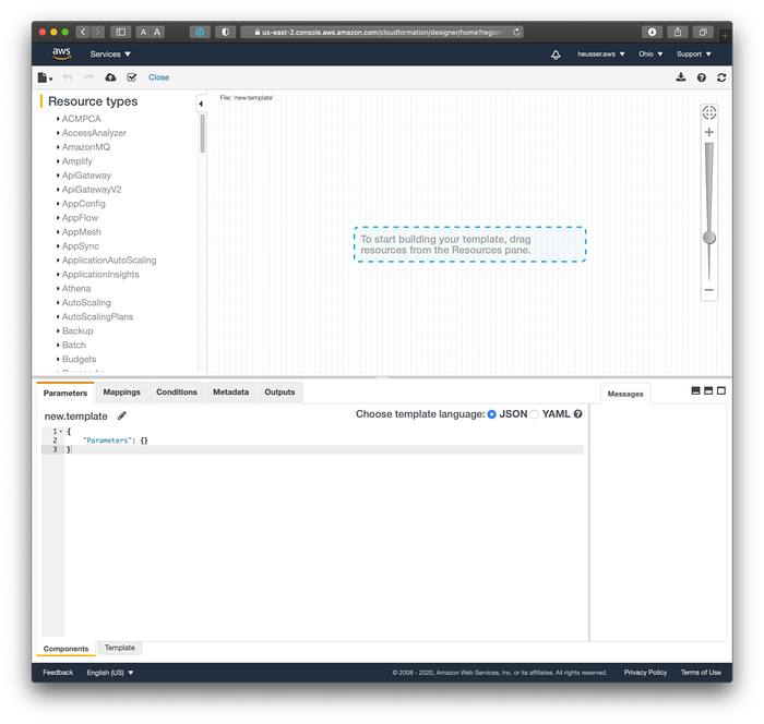 Screenshot of the CloudFormation visual designer software. It allows to drag and drop components or modify JSON/YAML format.